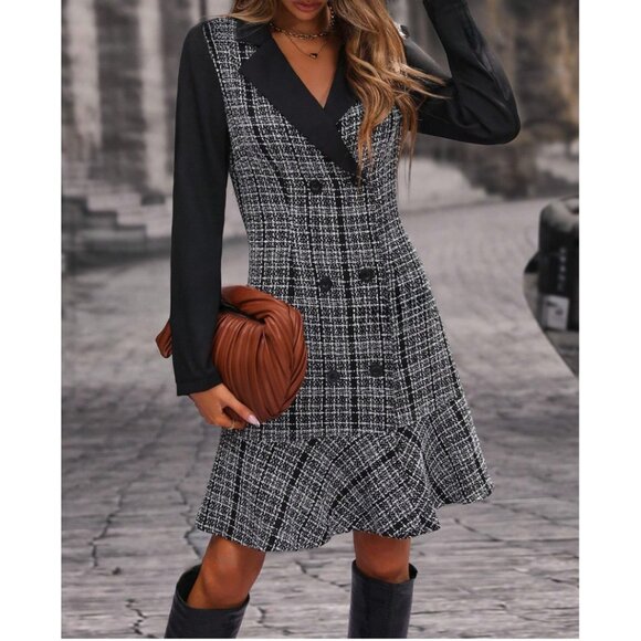 Plaid Double Breasted Ruffle Hem Dress Black - Picture 1 of 8
